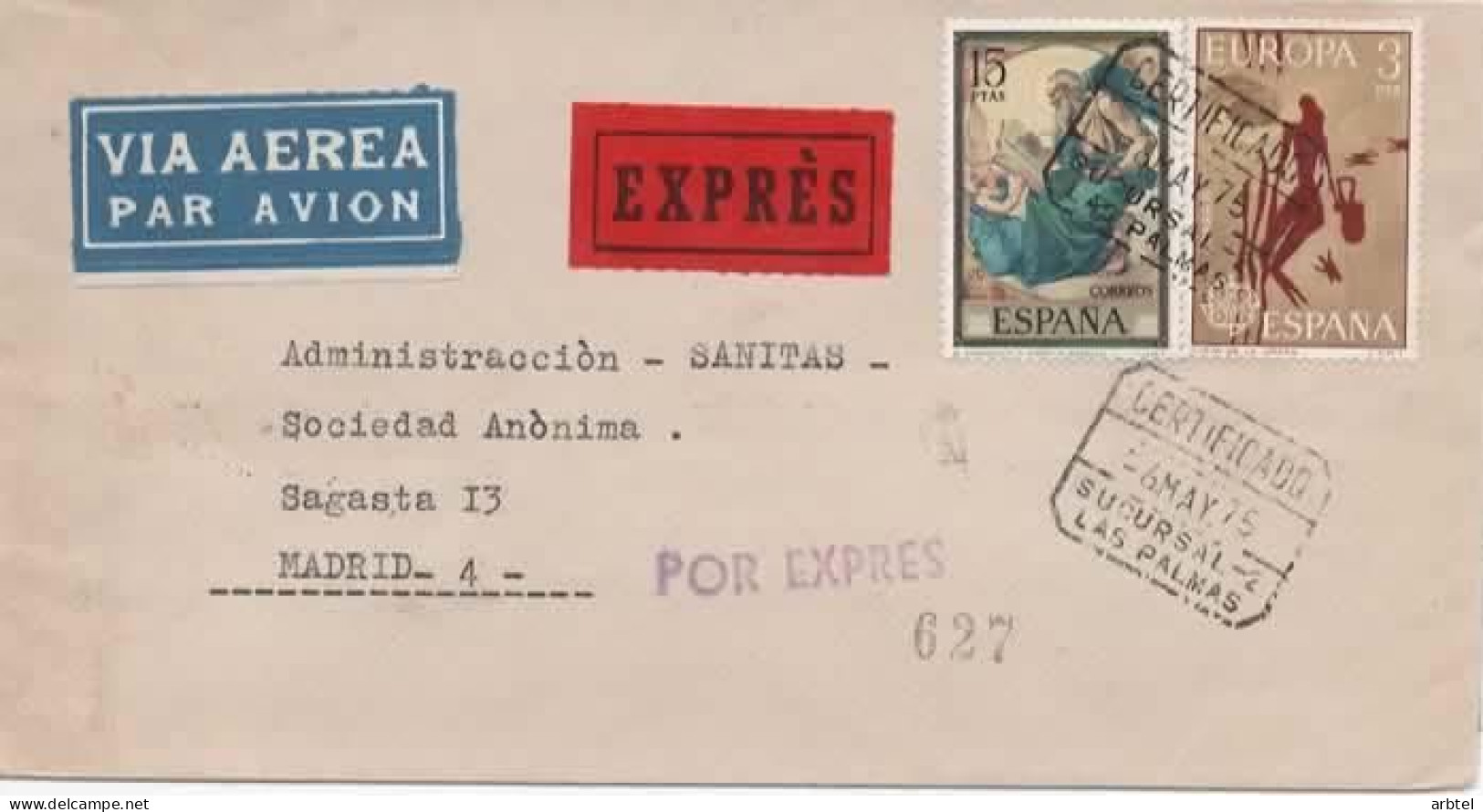 LAS PALMAS CANARIAS CC CERTIFICADA URGENTE 1975 SELLO ARTE PINTURA - Special Delivery