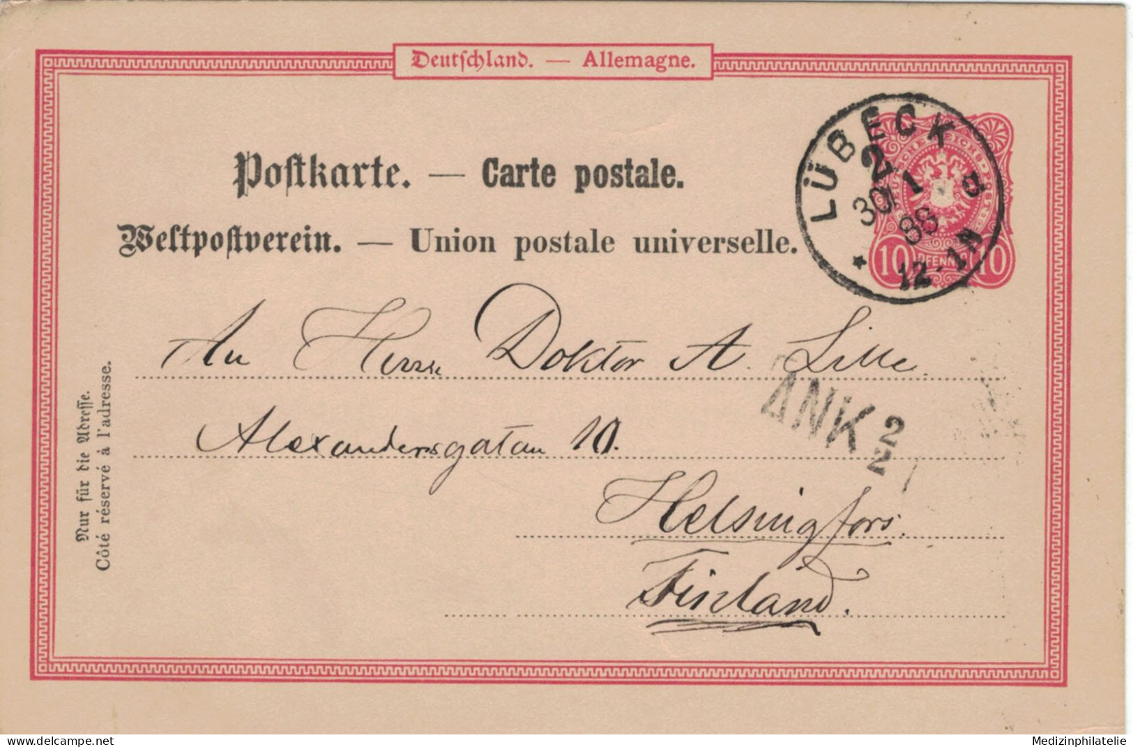 Ganzsache 10 Pfennig - Lübeck 30.1.1888 > Helsingfors [Ank 2/2] Finnland - Postkarten
