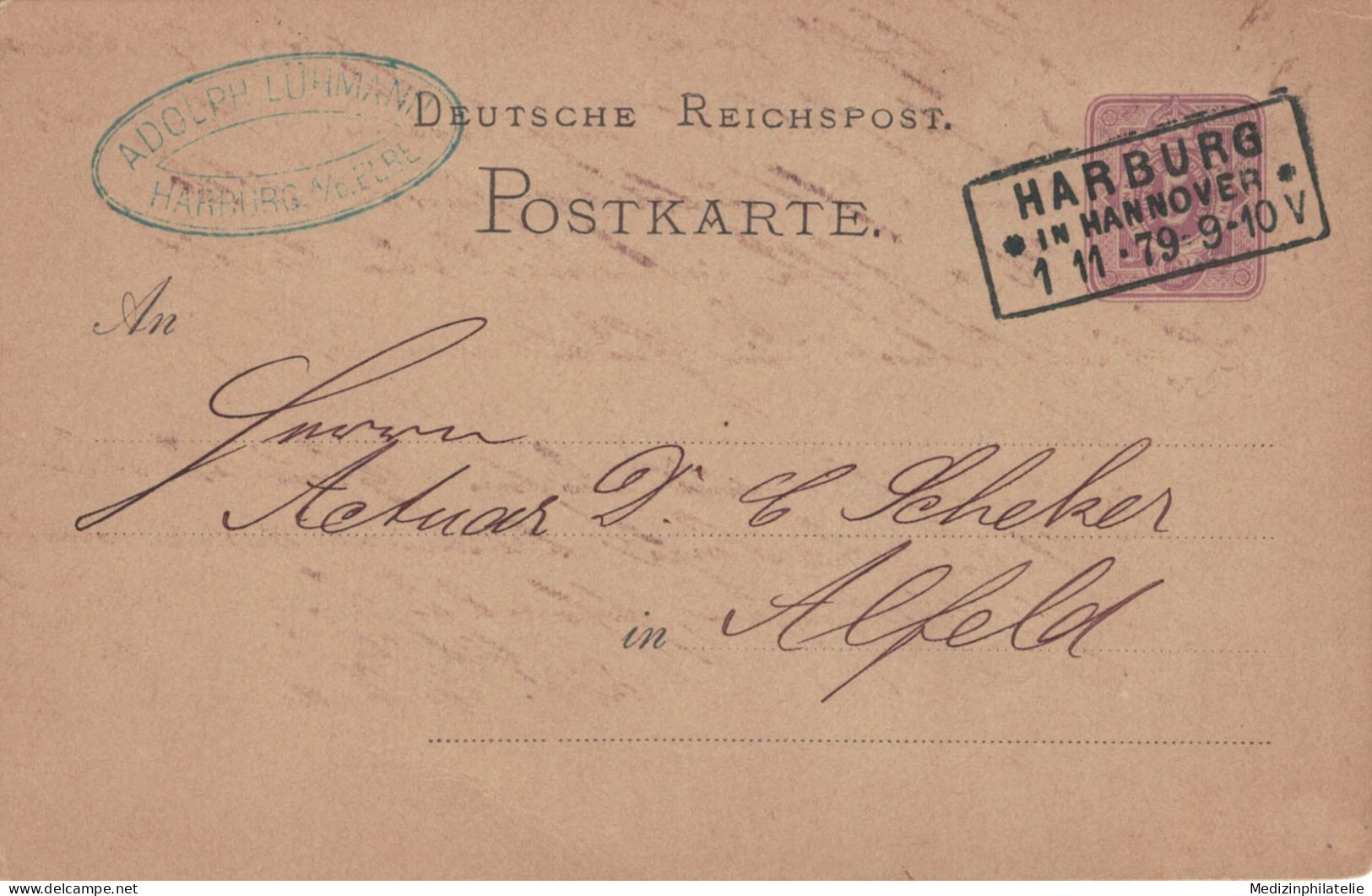 Ganzsache 5 Pfennig - Adolph Lühmann Harburg Elbe 1879 > Scheker Alfeld - Postcards