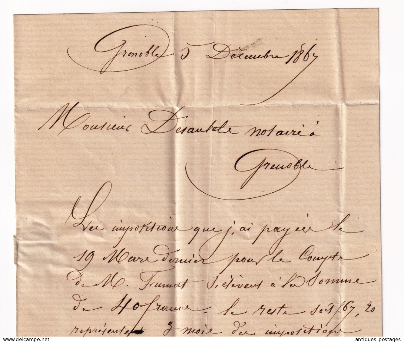 Lettre 1867 Grenoble Isère Avec Correspondance Timbre Napolélon III 10 Centimes - 1862 Napoleon III