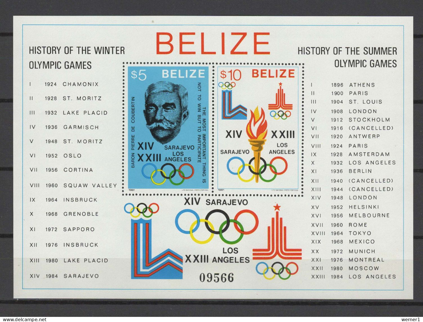 Belize 1981 Olympic Games Lake Placid / Moscow S/s MNH - Winter 1980: Lake Placid