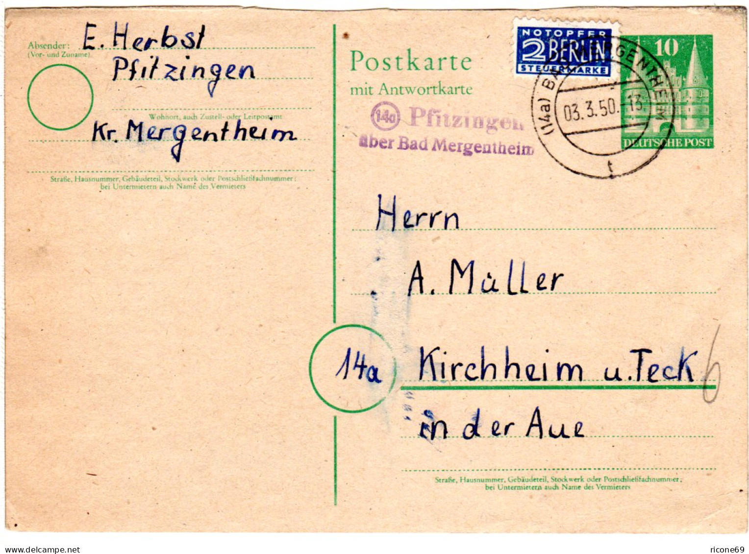 BRD 1950, Landpost Stpl. 14a PFITZINGEN über Bad Mergentheim Auf 10 Pf Ganzsache - Briefe U. Dokumente