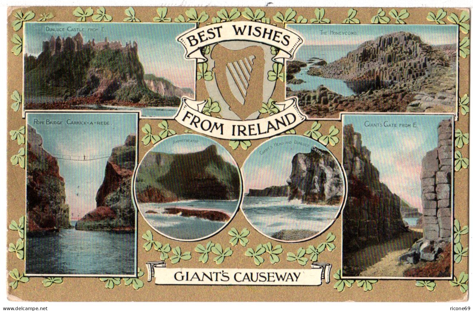 Irland, Best Wishes From Ireland, 1908 V. Maghera Gebr. Mehrbild Farb-AK - Lettres & Documents
