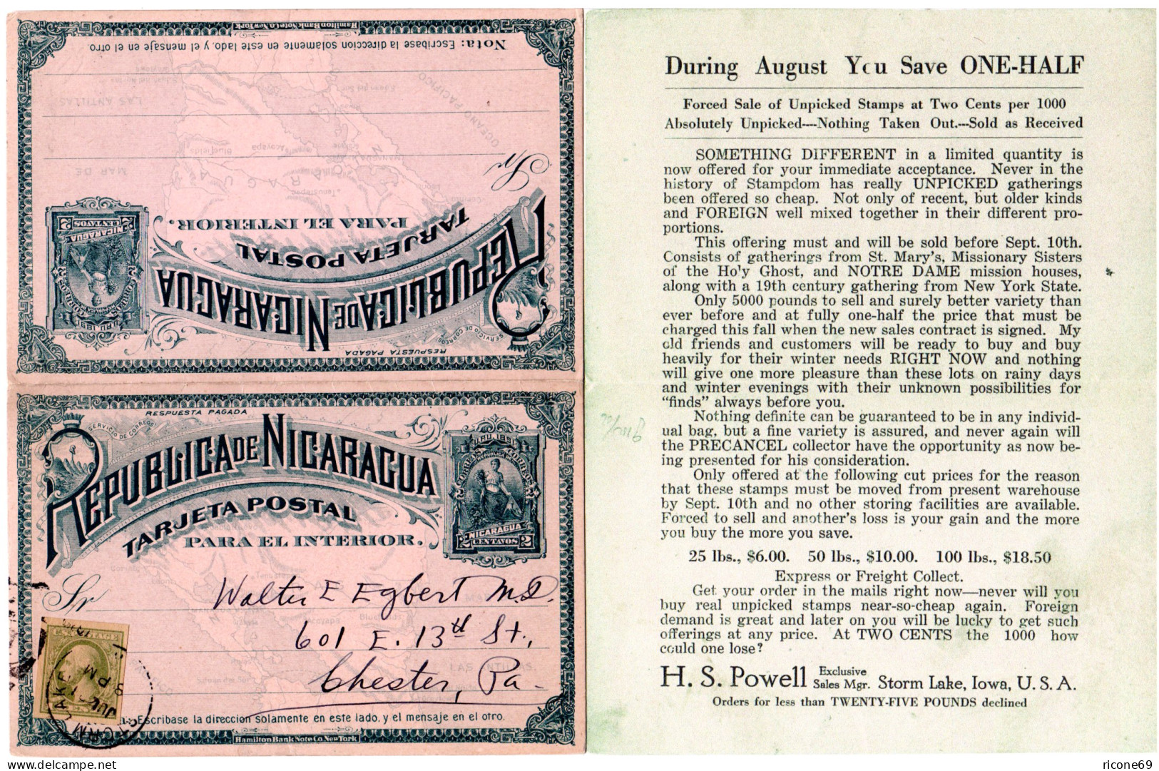 Nicaragua, 2 C. Doppelkarte In Werbeverwendung V. Strom Lake M. USA 1 Ct.  - Nicaragua