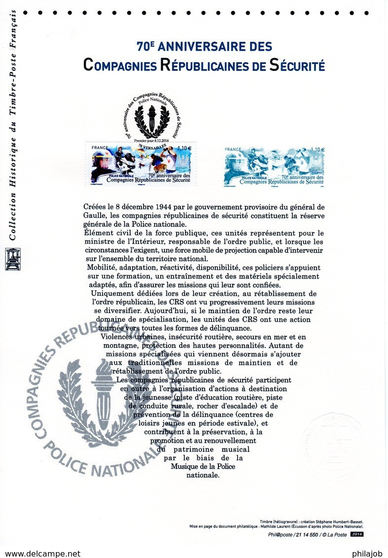 " 70 ANS DES CRS COMPAGNIES REPUBLICAINES DE SECURITE " Sur Doc. Philat. Officiel De 2014. N°YT 4922. Parf état DPO - Police - Gendarmerie