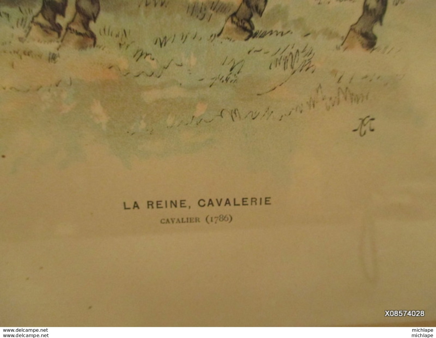 Sous Verre - Gravure - Cadre - Lithographie - 32 Cm X 39 Cm La Reine  Cavalerie Monograme C M - Decorative Weapons