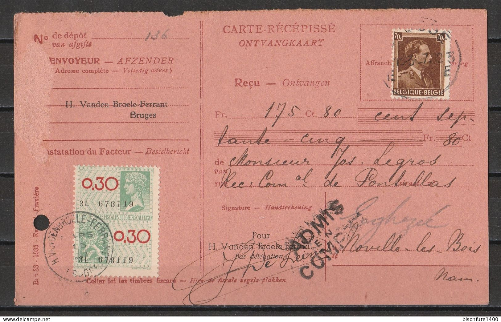 Belgique 1937 : Document Philatélique Avec Timbres D'époque Et Oblitérations D'époque (à étudier) - 1931-1960