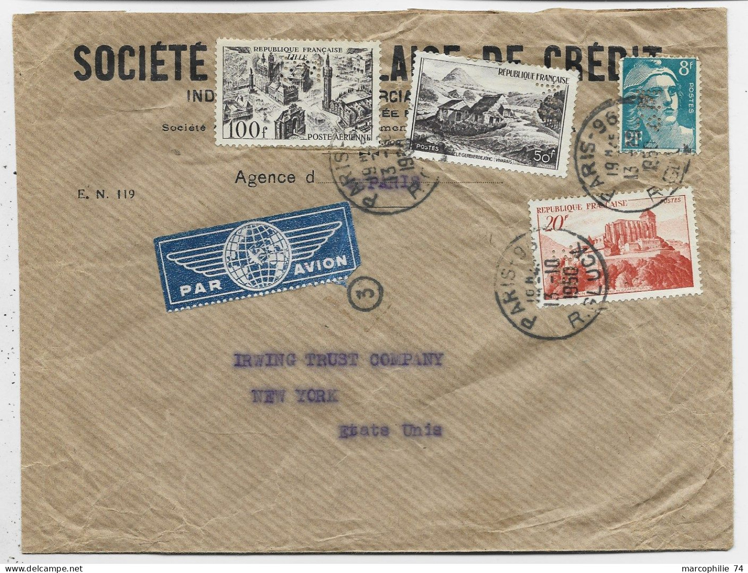 PA 100FR +N°843+841A+ GANDON  LETTRE  AVION PERFORE CNE LETTRE PARIS 13.10.1950  USA AU TARIF - Brieven En Documenten