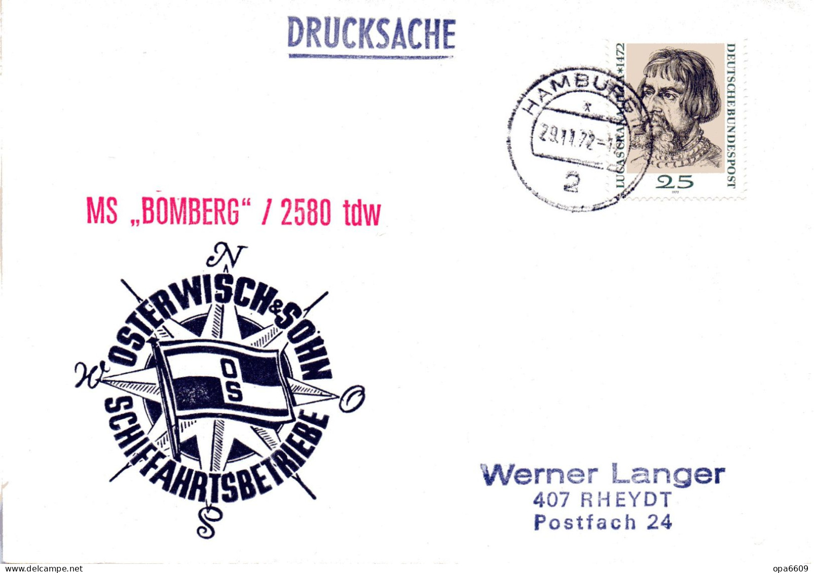 (L 6) Cachetumschlag "SCHIFFAHRTSBETRIEBE OSTERWISCH&SOHN - MS. "BOMBERG"/2580 Tdw - EF BRD TST 29.11.72 HAMBURG - Schiffahrt