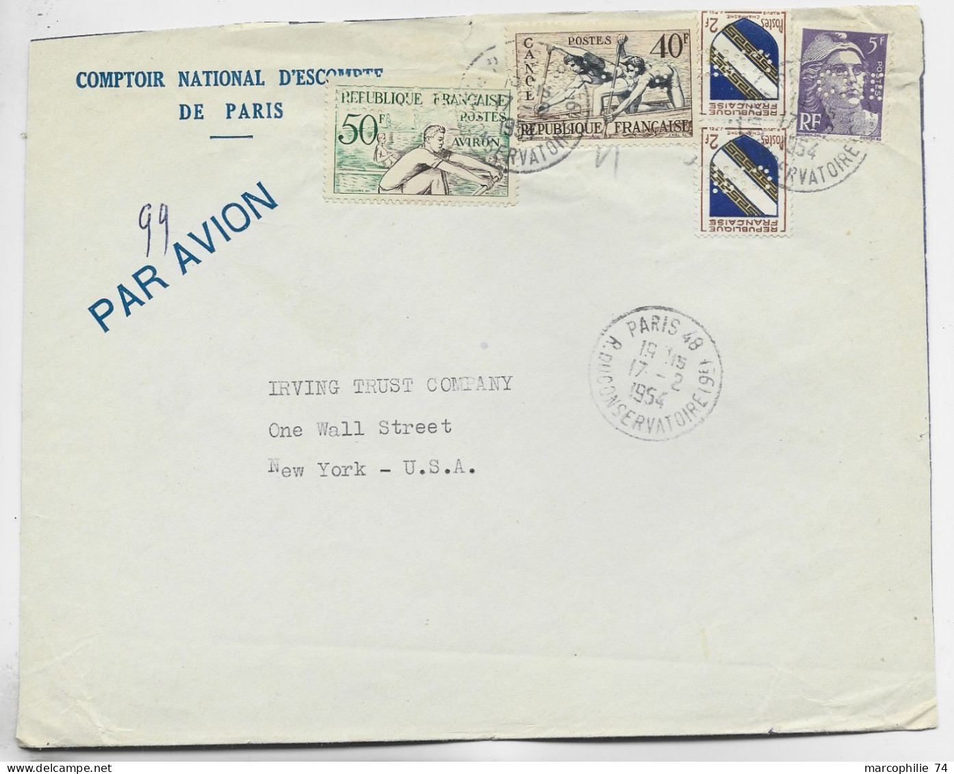 40FR CANOE +50FR AVIRON + BLASON 2FRX2+ 5FR GANDON   LETTRE AVION PERFORE CNE PARIS 17.2.1954   USA AU TARIF - Covers & Documents