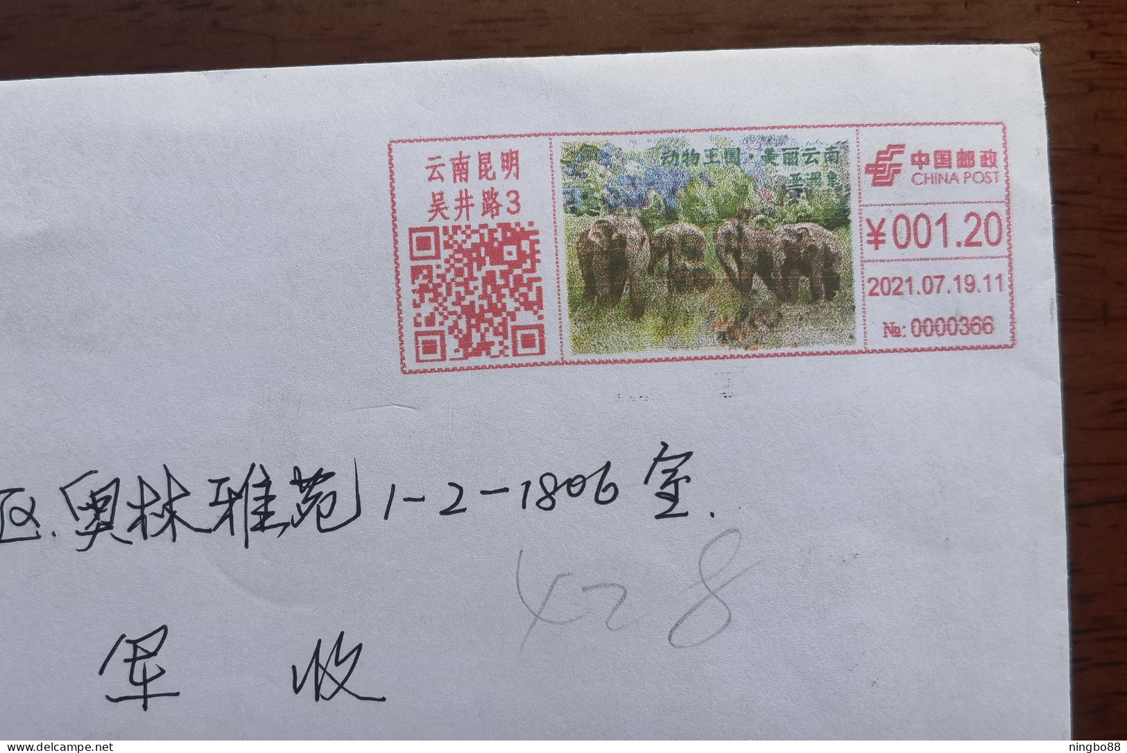 Asian Elephant,National First Level Protected Animal,CN 21 Kunming Kingdom Of Animals Meter Franking Propaganda PMK 1st - Adler & Greifvögel