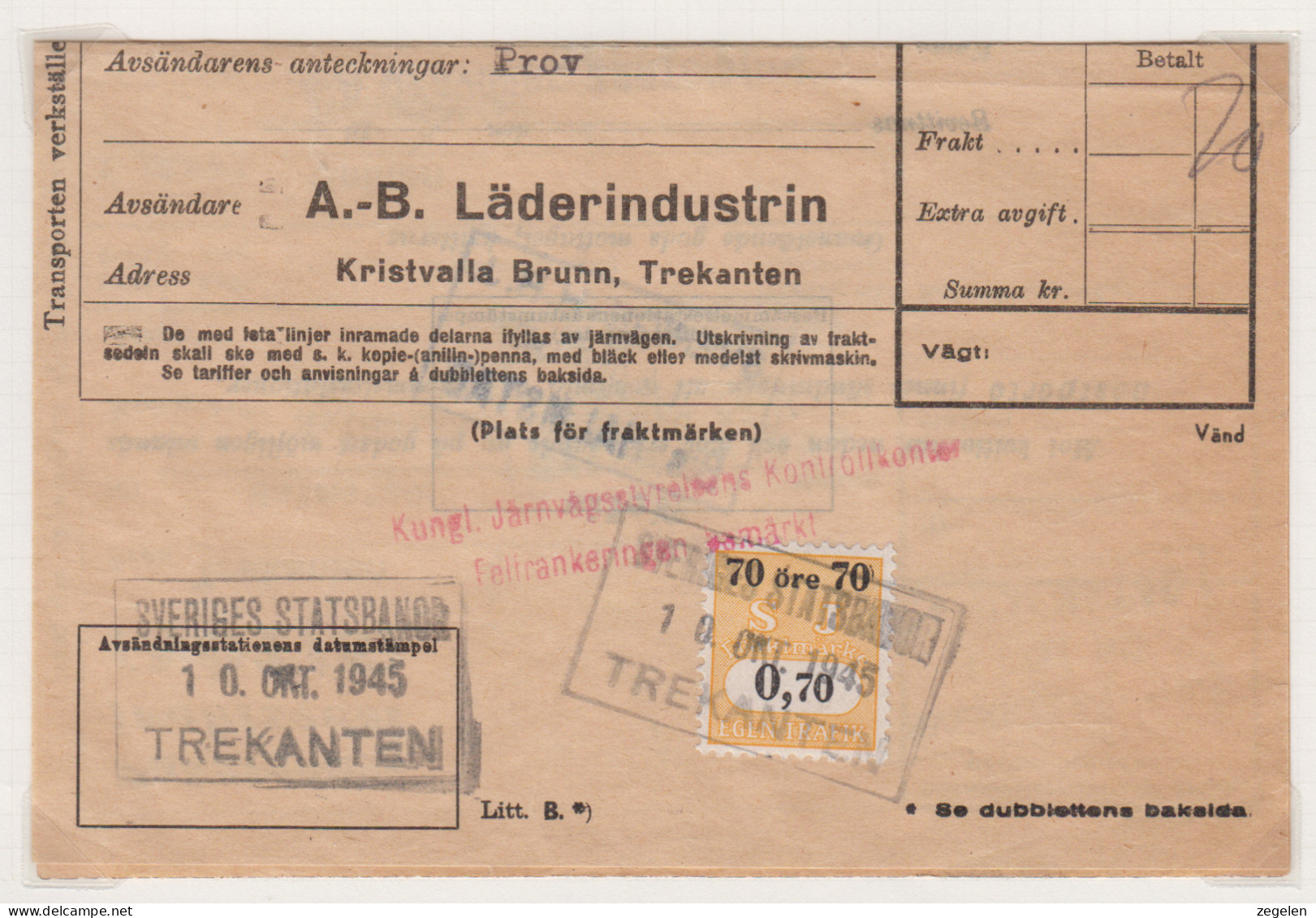 Zweden Spoorwegzegel Cat Svenska Järnvägsfraktmärken; Lijn S.J. Statens Järnvägar 7 Op Vrachtbrief - Other & Unclassified