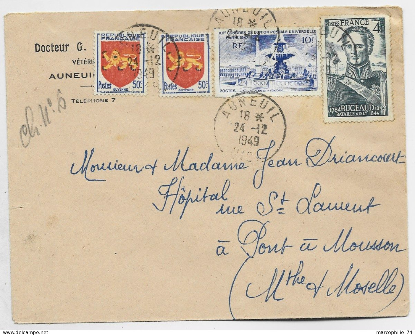 FRANCE UPU 10FR+ 4FR BUGEAUD + BLASON 50CX2 LETTRE AUNEUIL OISE 24.12.1949  AU TARIF - 1921-1960: Période Moderne