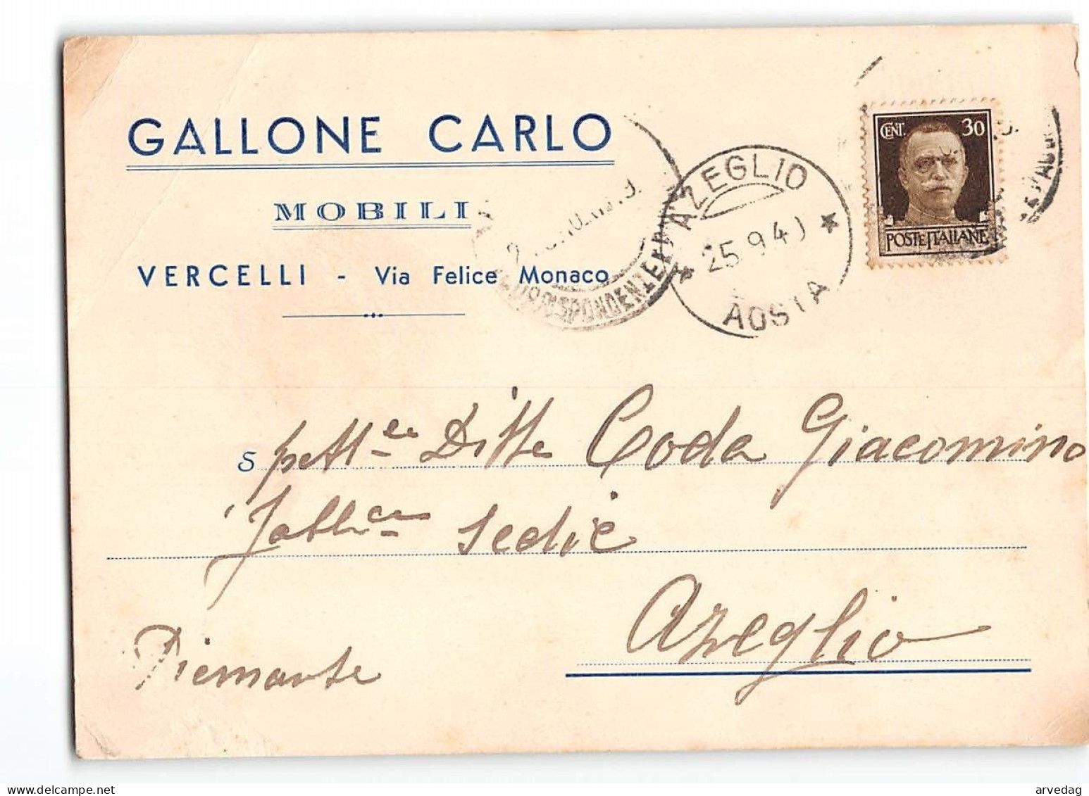 AG2577 GALLONE CARLO MOBILI VERCELLI X AZEGLIO - Marcophilia