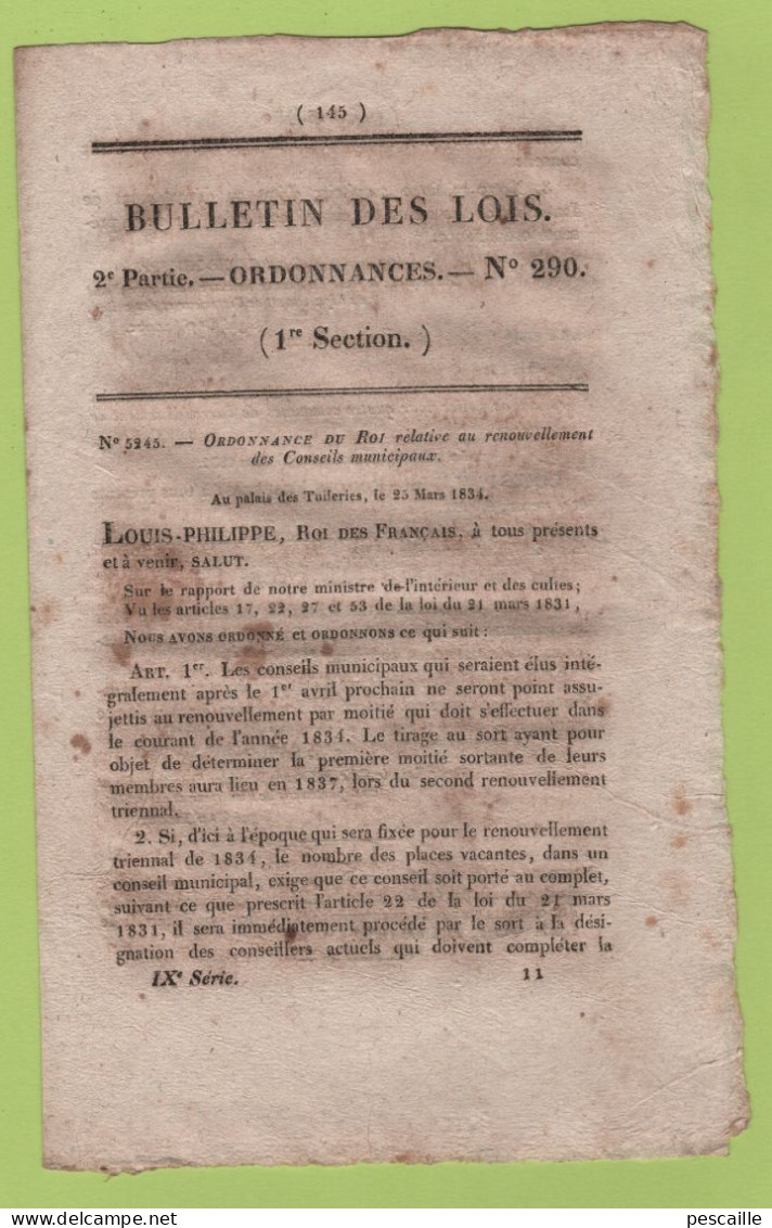 1834 BULLETIN DES LOIS - RENOUVELLEMENT DES CONSEILS MUNICIPAUX - COMMISSARIAT SPECIAL DE POLICE CREE A NIMES - Decrees & Laws