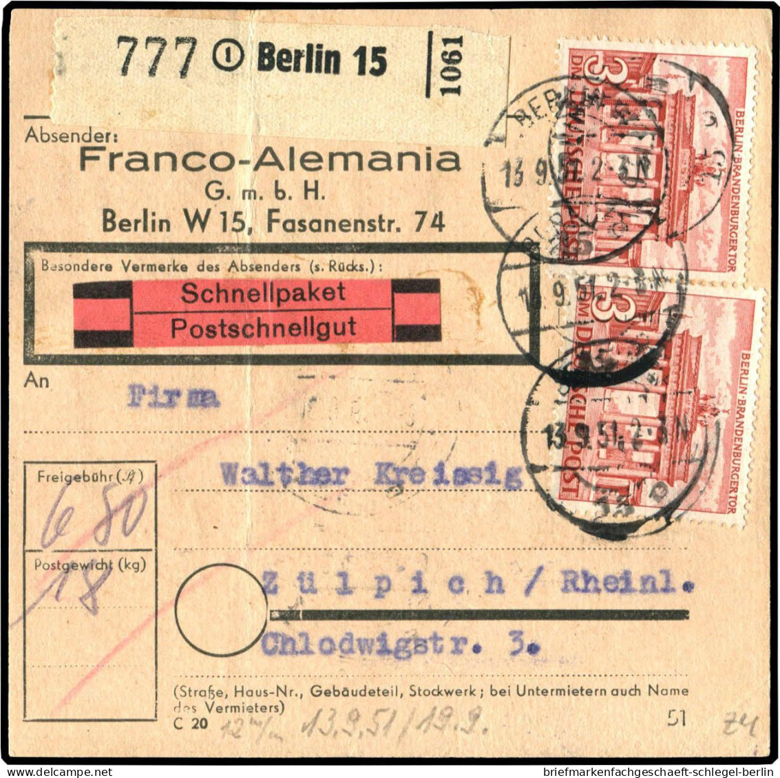 Berlin, 1951, 59 (2) + 51,53, Brief - Other & Unclassified