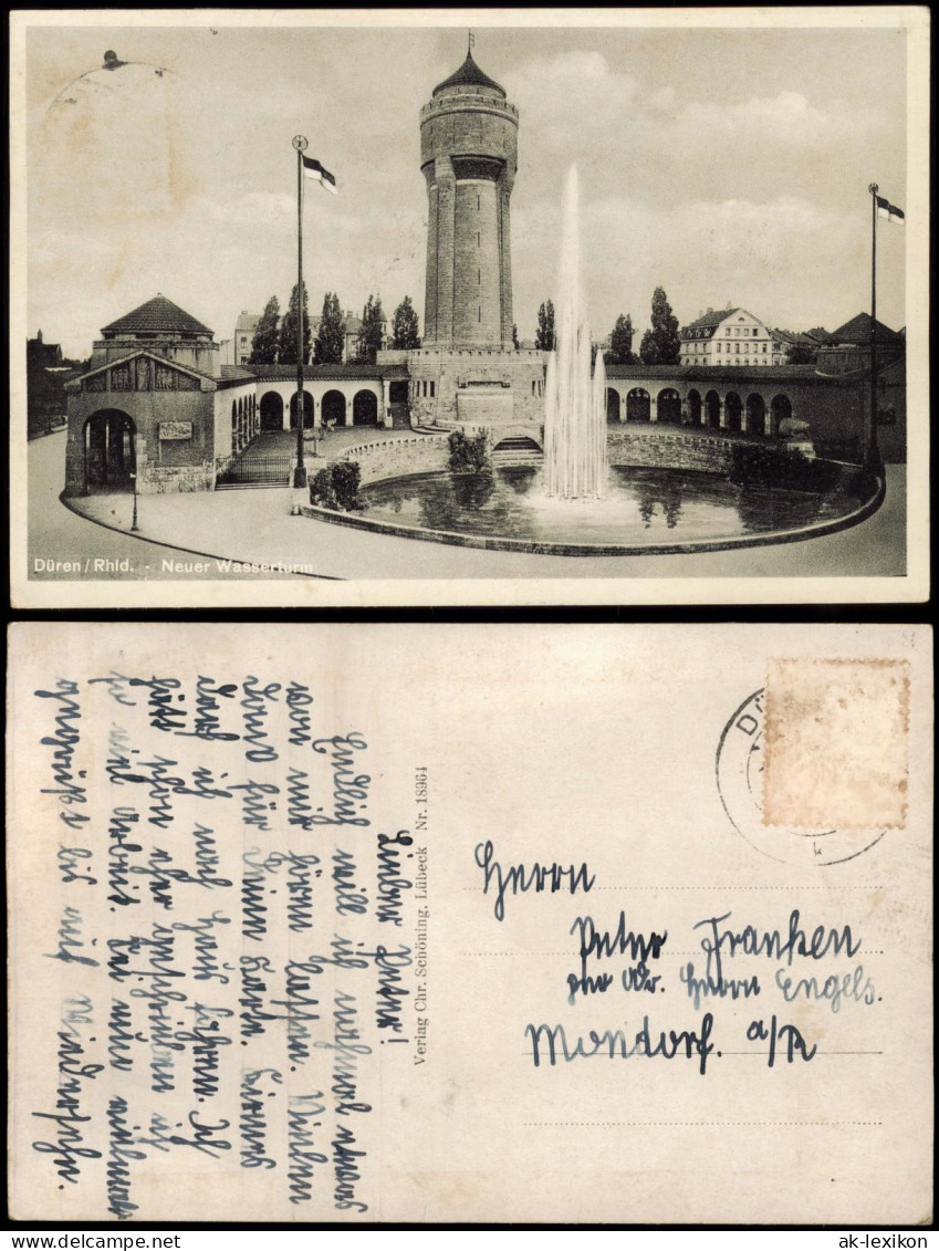 Ansichtskarte Düren Wasserturm - Anlagen 1938 - Düren