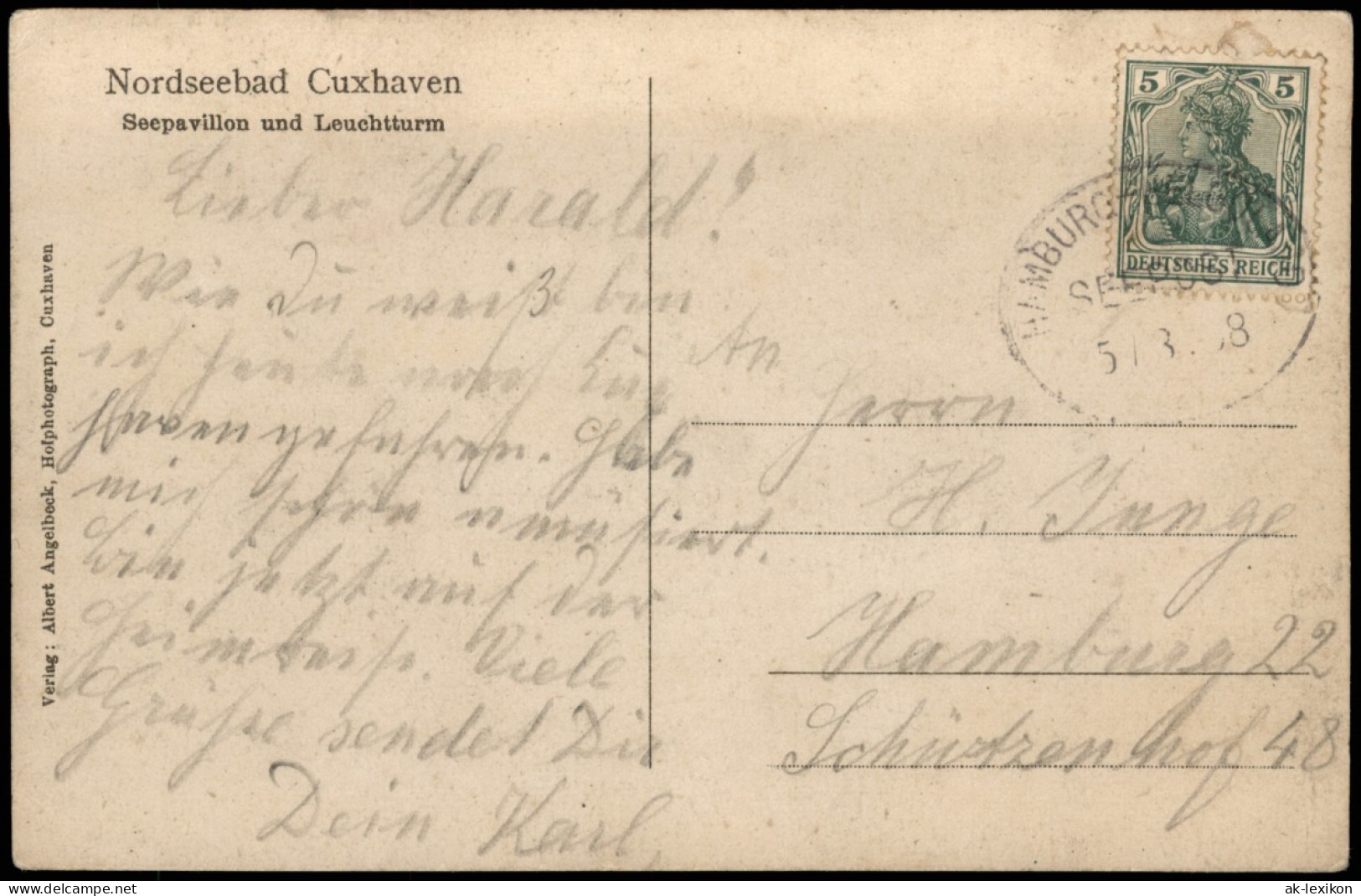 Cuxhaven Seepavillon Und Leuchtturm 1908  Gel, Schiffspoststempel Hamburg - Cuxhaven