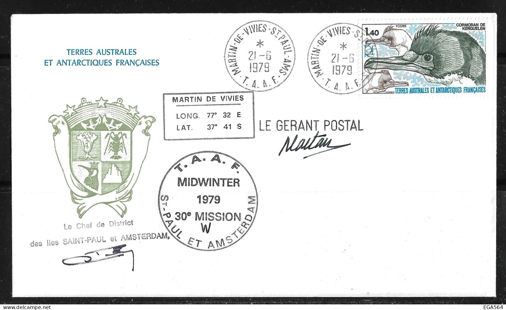 91 - Y&T PO78 Cormoran De Kerguelen Sur Pli Du 21.6.1979 St-Paul AMS, Midwinter 30è Mission - Superbe. - Covers & Documents