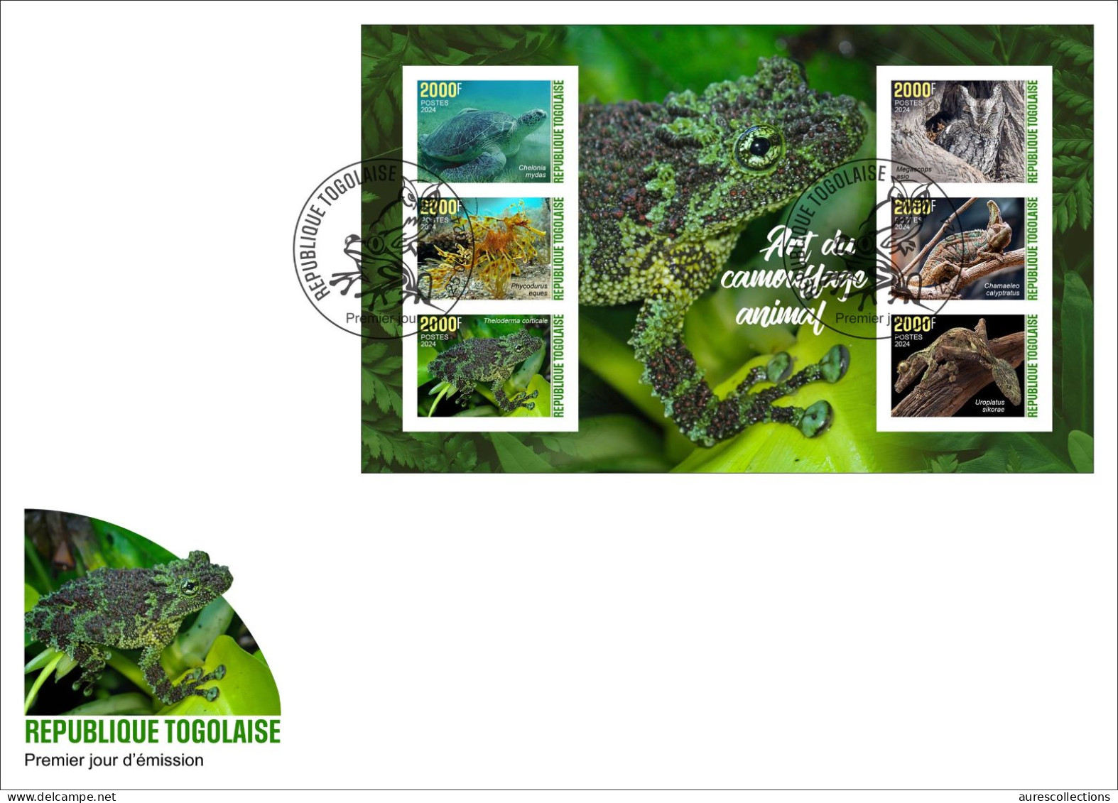 TOGO 2024 FDC MS 6V IMPERF - CAMOUFLAGE - FROG FROGS TURTLES TURTLE OWL OWLS GECKO CHAMELEON SEAHORSE HIPPOCAMPE - Tortues