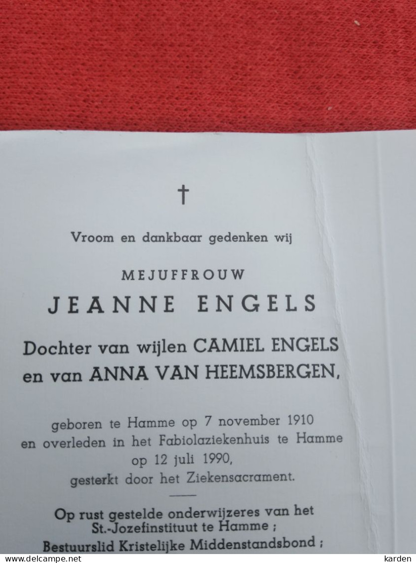 Doodsprentje Jeanne Engels / Hamme 7/11/1910 - 12/7/1990 ( D.v. Camiel Engels En Anna Van Heemsbergen ) - Religion & Esotérisme