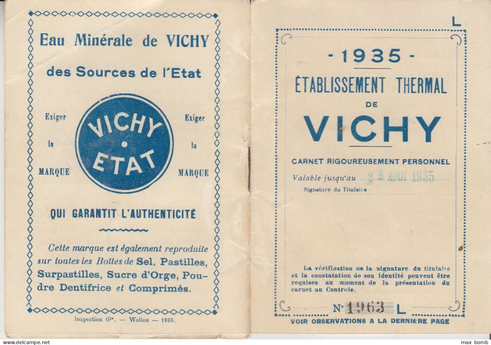 1935 VICHY -CARNET ETABLISSEMENT THERMAL - Tickets - Vouchers