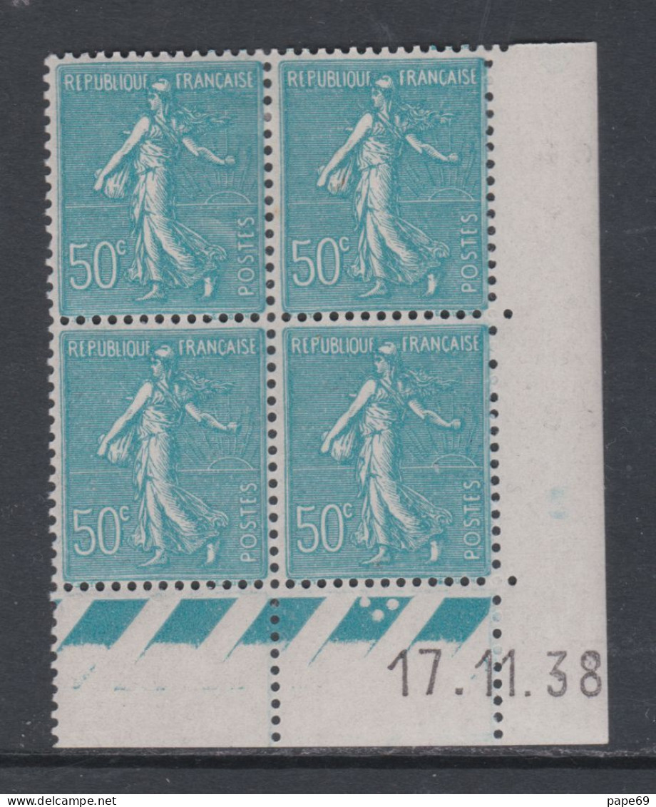 France N° 362 X Type Semeuse Lignée 50 C. Turquoise En Bloc De 4 Coin Daté Du 17 .11. 38 ; 3 Pts Blancs ; Trace Ch., TB - 1930-1939