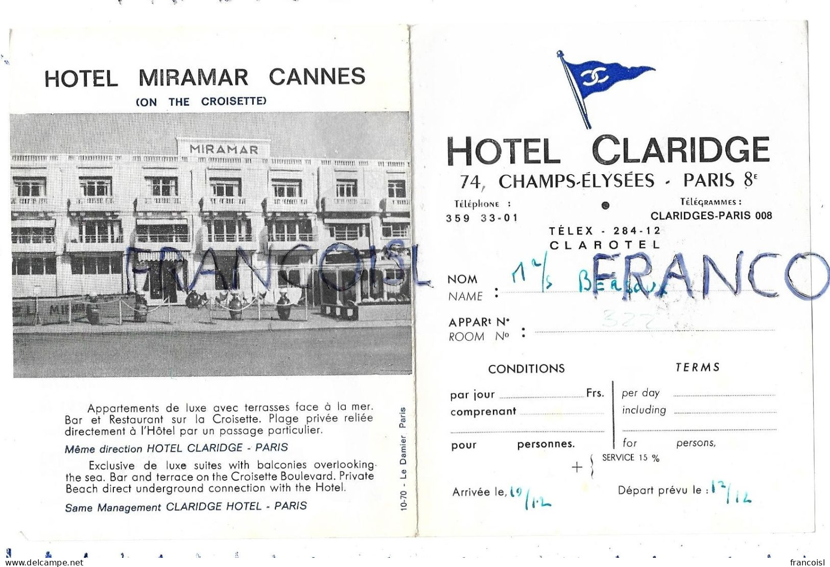 Réservation De Chambre D'hôtel. Hôtel Claridge, Paris - Sports & Tourism