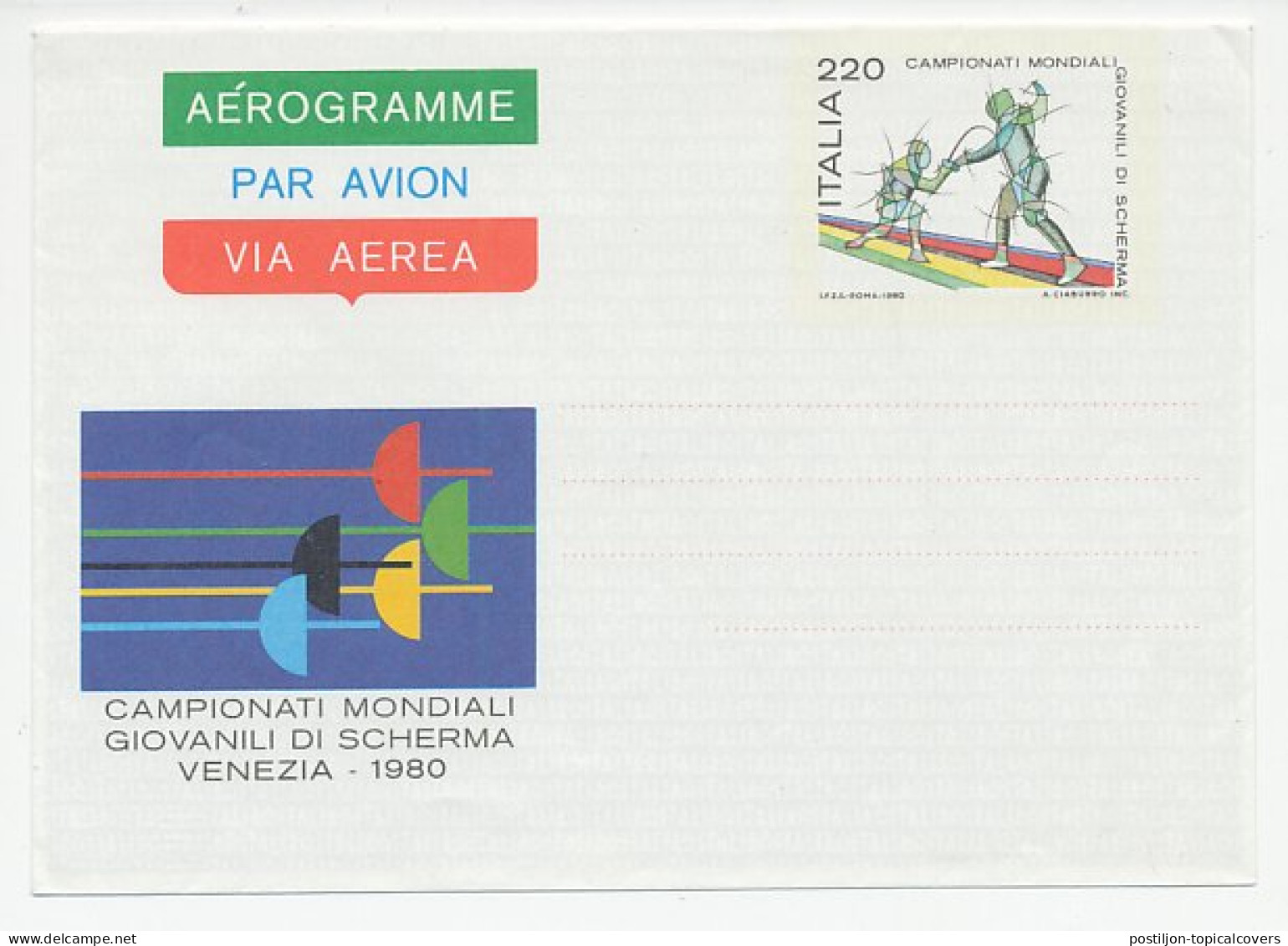 Postal Stationery Italy 1980 Fencing - World Championship - Autres & Non Classés