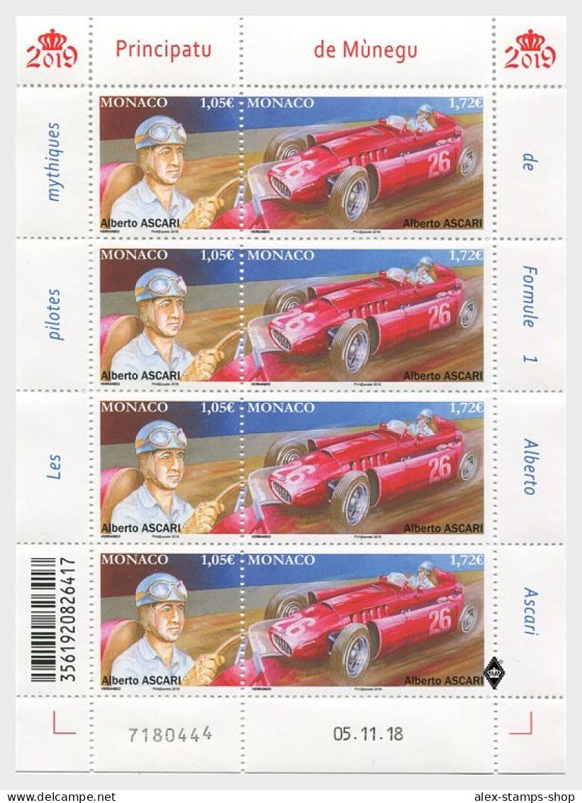 MONACO 2019 LEGENDARY F1 DRIVERS ALBERTO ASCARI NEW SHEET - FOGLIETTO PILOTI F1 - Unused Stamps