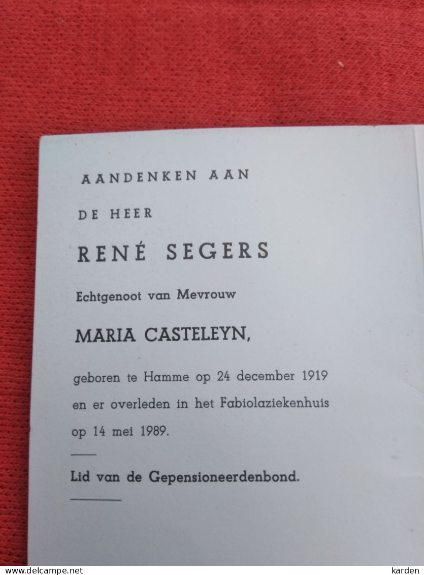 Doodsprentje René Segers / Hamme 24/12/1919 - 14/5/1989 ( Maria Casteleyn ) - Religione & Esoterismo