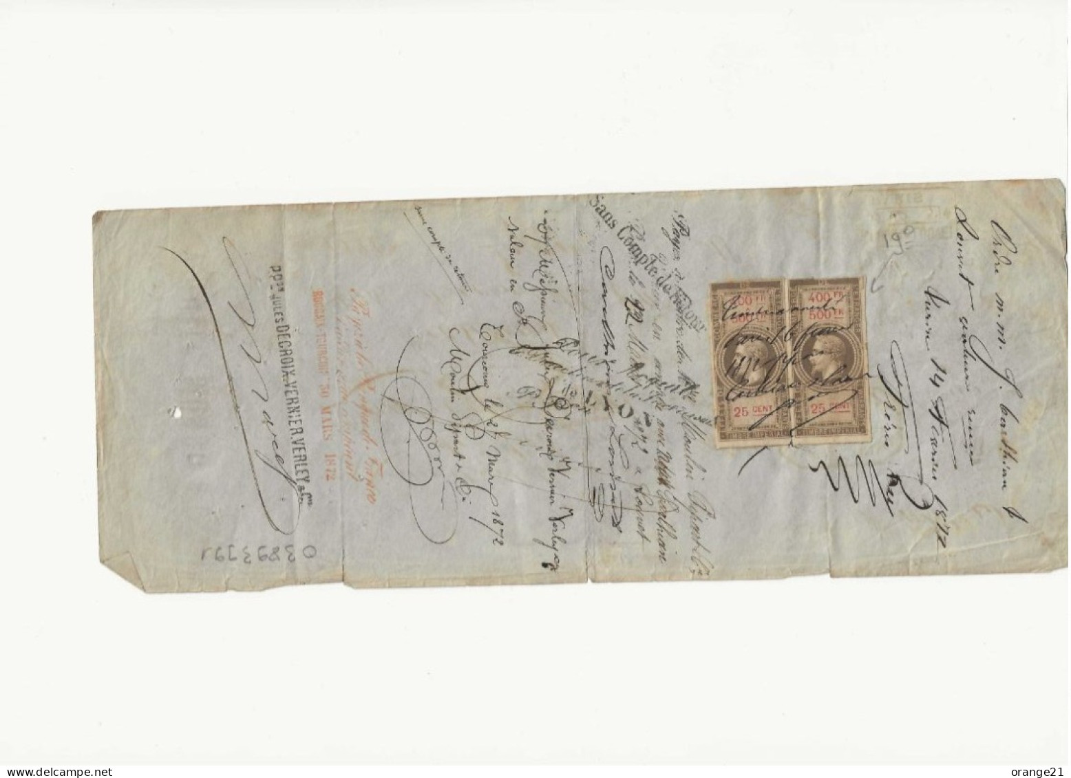 EFFET DE COMMERCE EMIS  EMIS A TURIN EN 1872 AVEC 2 TIMBRES POUR DOUBLEMENT DU TARIF - Lettres & Documents