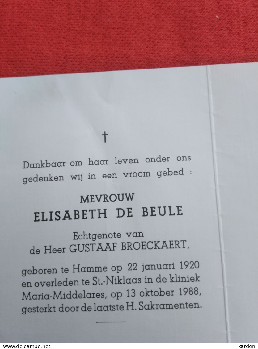 Doodsprentje Elisabeth De Beule / Hamme 22/1/1920 Sint Niklaas 13/10/1988 ( Gustaaf Broeckaert ) - Religione & Esoterismo