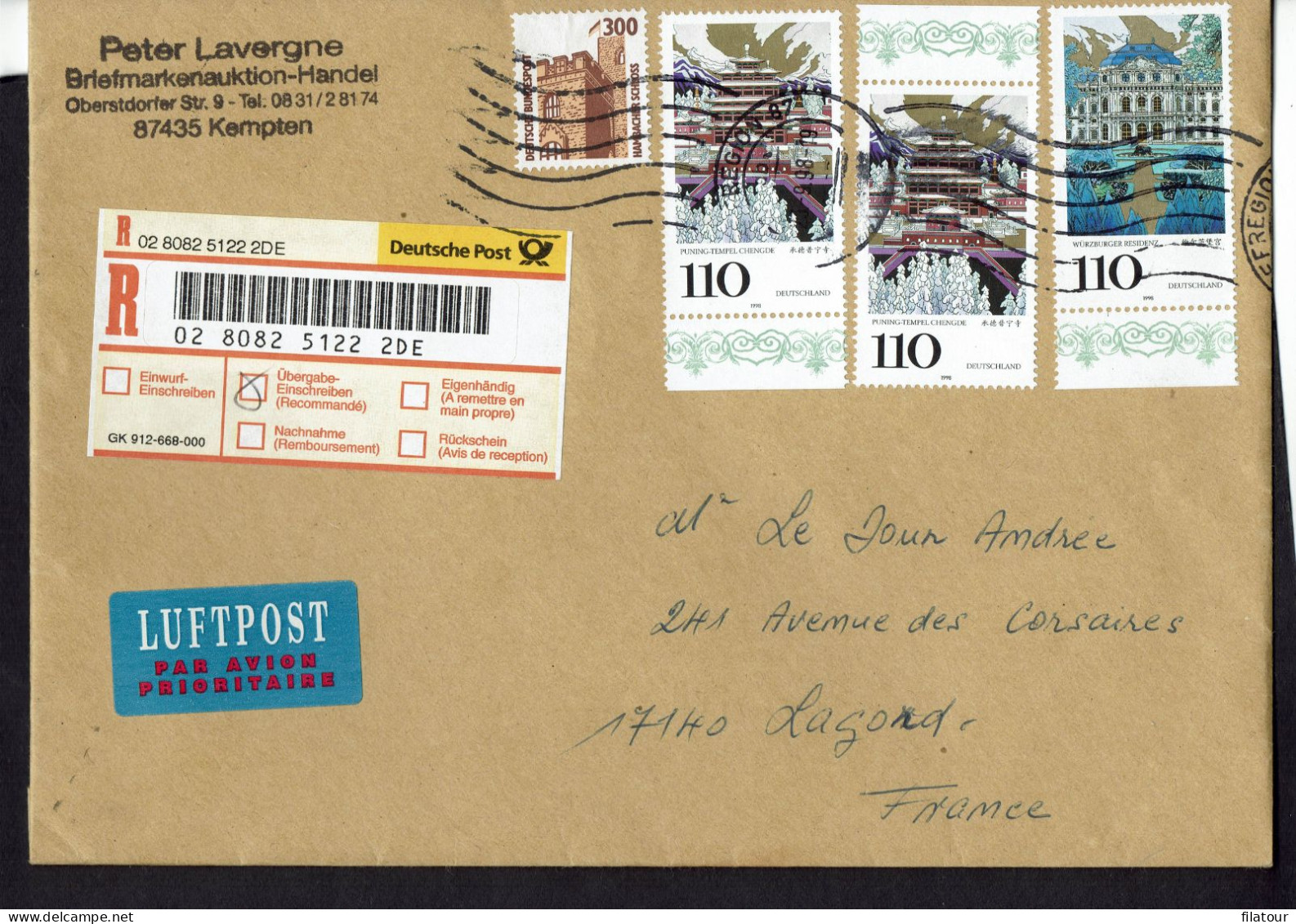 DEUTSCHLAND - Lettre Recommandée-Poste Aérienne -Destination: FRANCE - 1998 - - Briefe U. Dokumente