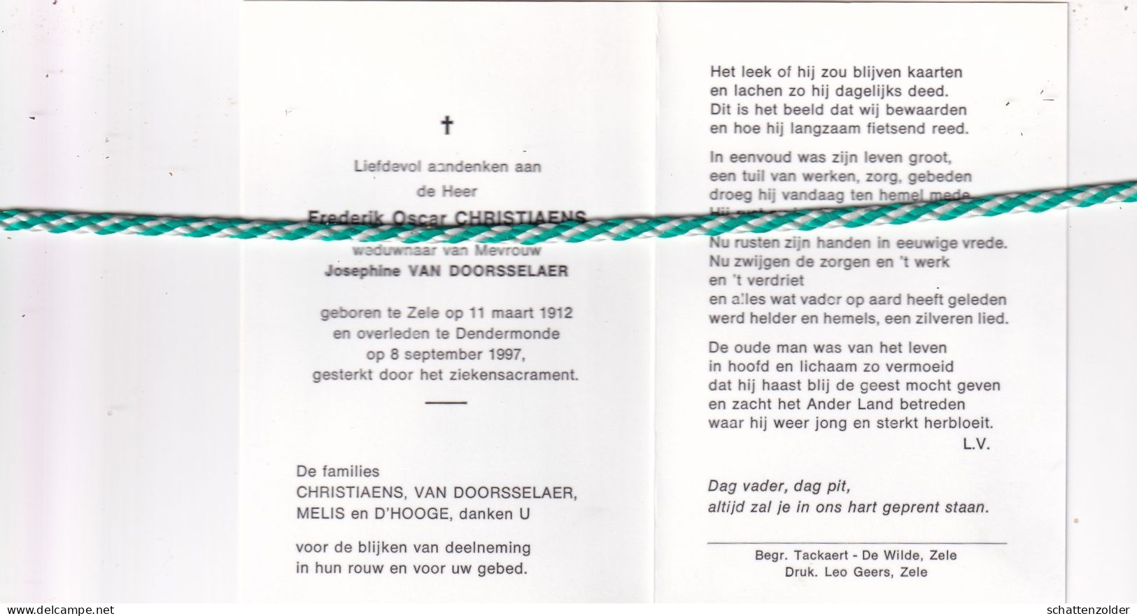 Frederik Oscar Christiaens-Van Doorsselaer, Zele 1912, Dendermonde 1997. Foto - Obituary Notices