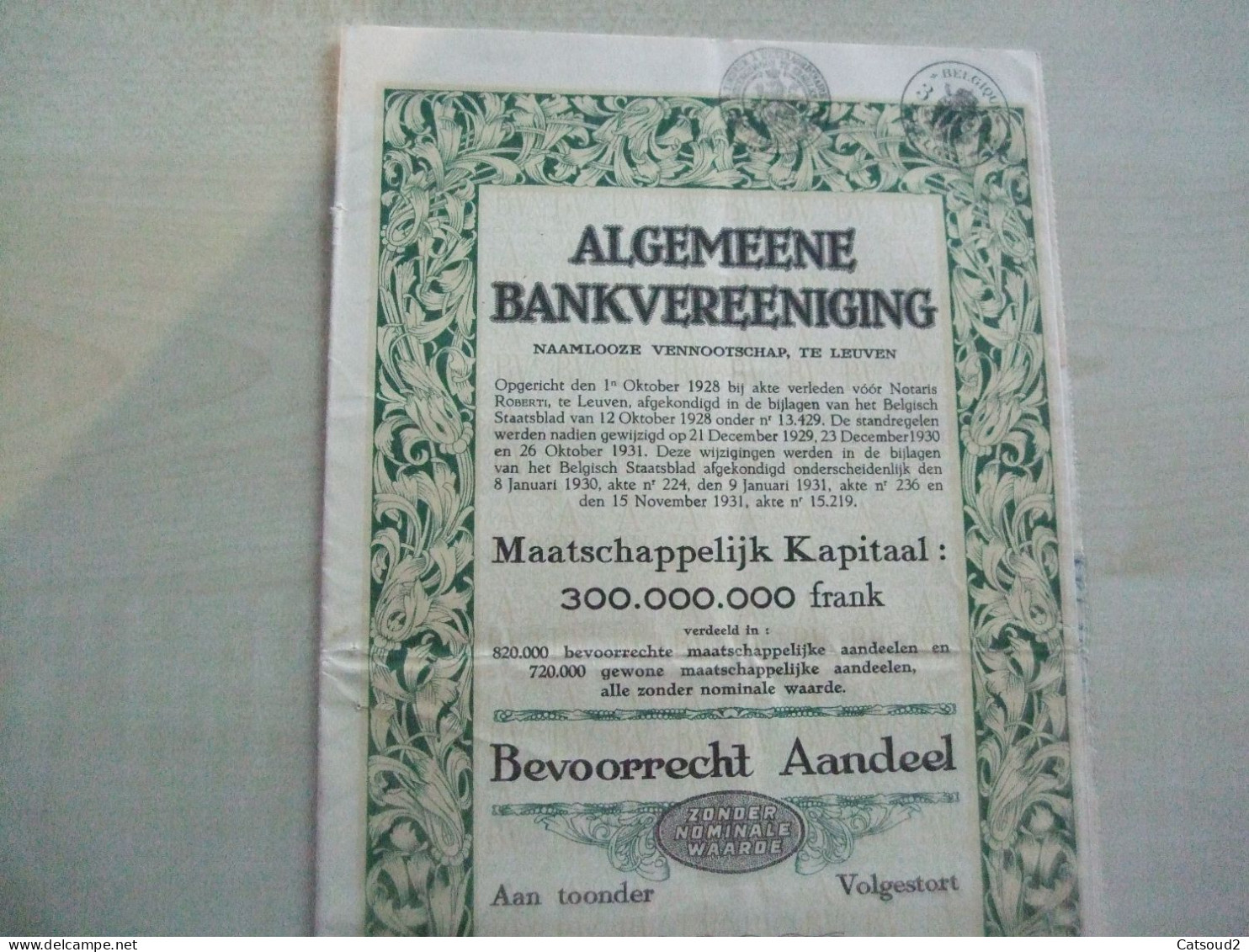 Action Ancienne 1928 ALGEMEENE BANKVEREENIGING - Sonstige & Ohne Zuordnung