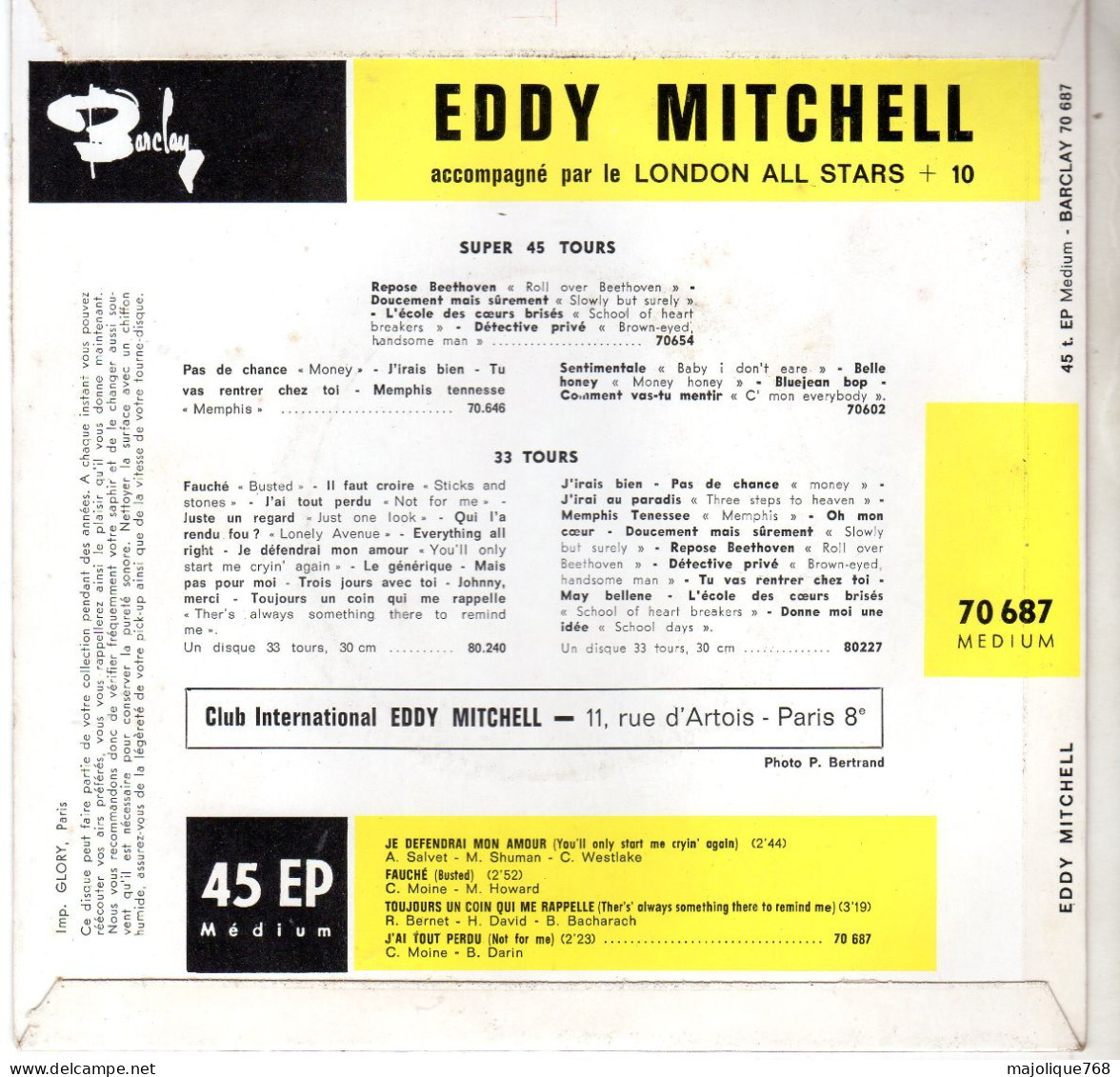 Disque - Eddy Mitchell - Je Defendrai Mon Amour - Barclay 70 687 - France 1964 - Rock