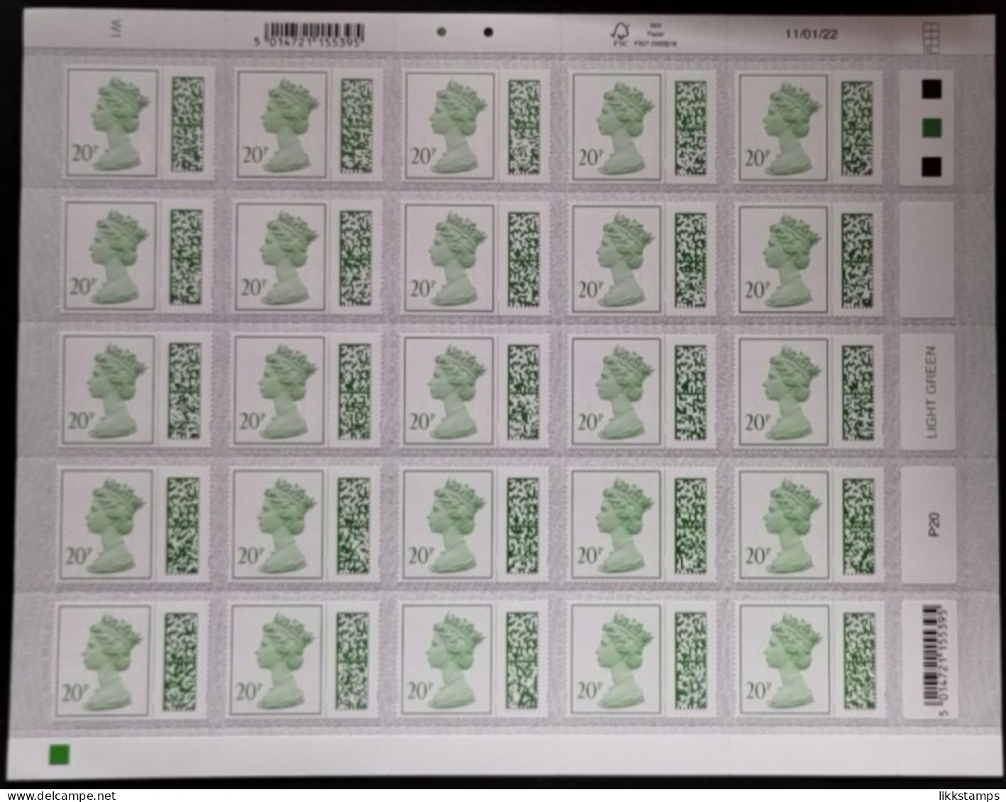 S.G. V4720 ~ 11/01/2022 ~ FULL COUNTER SHEET OF 25 X 20p UNFOLDED AND NHM #02800 - Machins