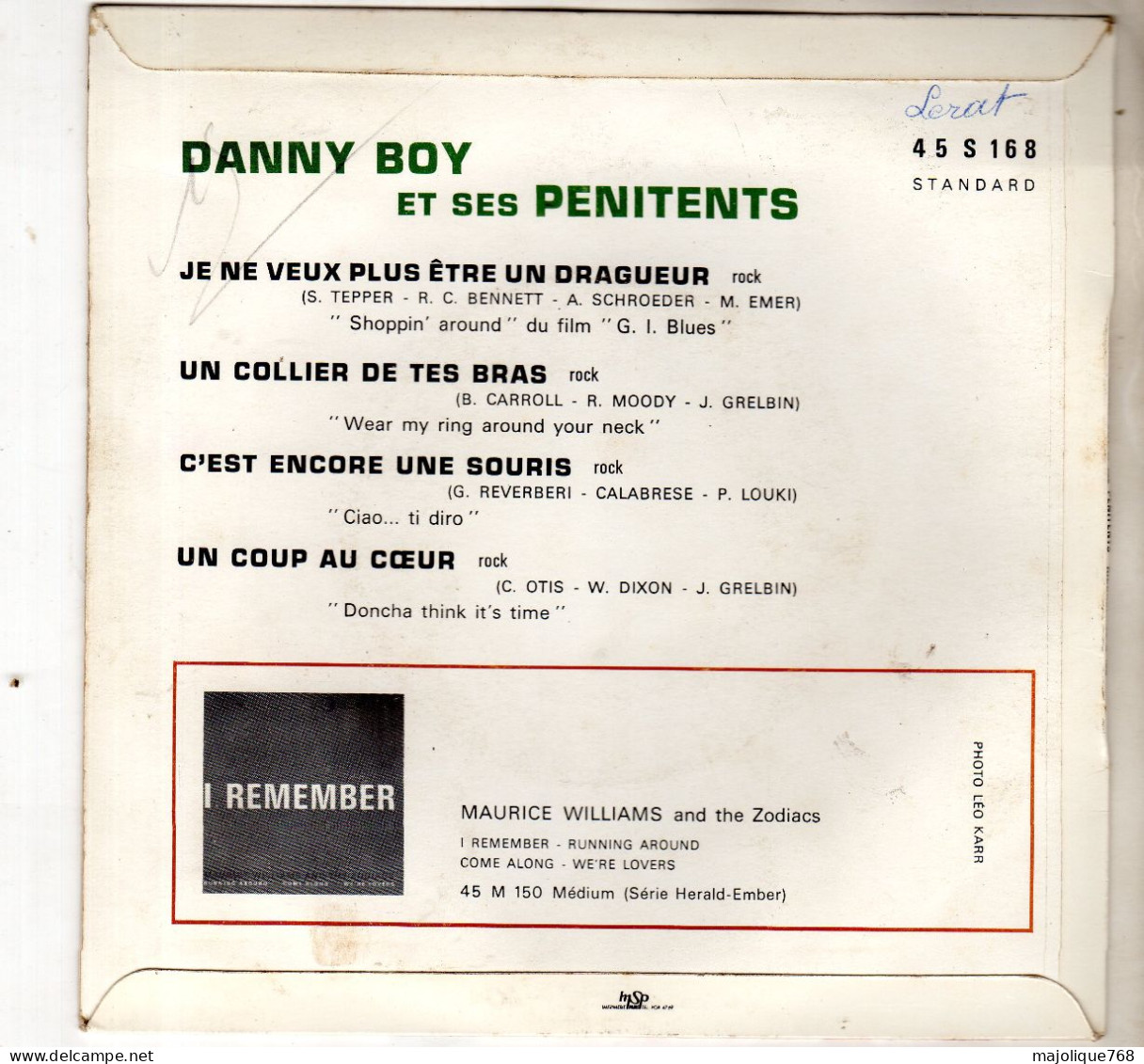 Disque - Danny Boy Et Ses Pénitents - Je Ne Veux Plus être Un Dragueur - Ricordi 45 S 168 France 1961 - Rock