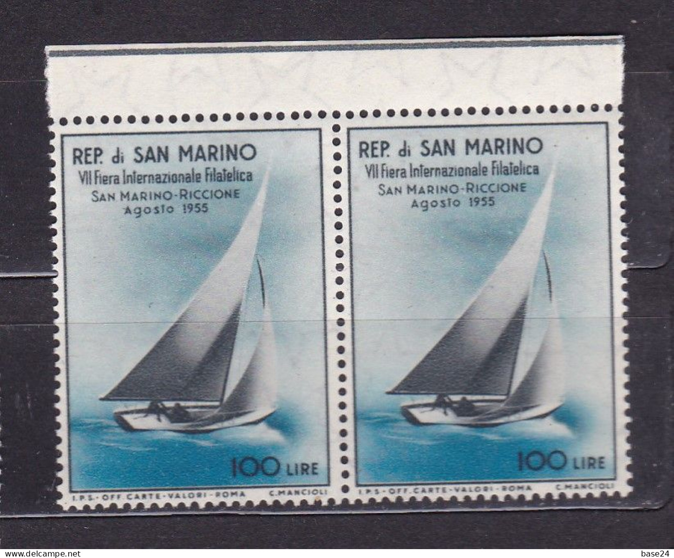 1955 San Marino Saint Marin VELA I° Giornata Filatelica RICCIONE 2 Serie 100L Azzurro-nero Coppia MNH** SAIL BOAT Pair - Voile