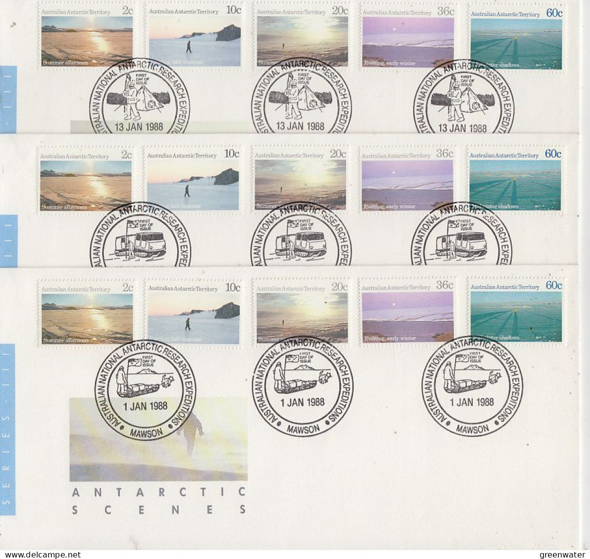 AAT Antarctic Scenes 5 V 5 FDC (4 Bases + Melbourne)  (OO177) - FDC