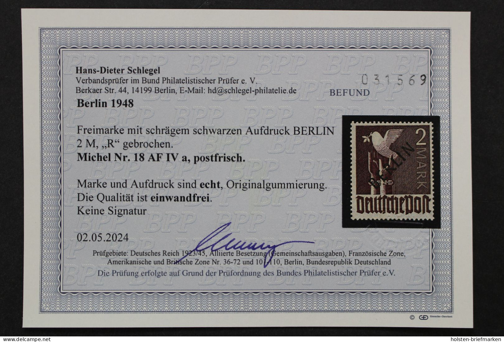 Berlin, MiNr. 18 AF IV A, Postfrisch, BPP Fotobefund - Abarten Und Kuriositäten