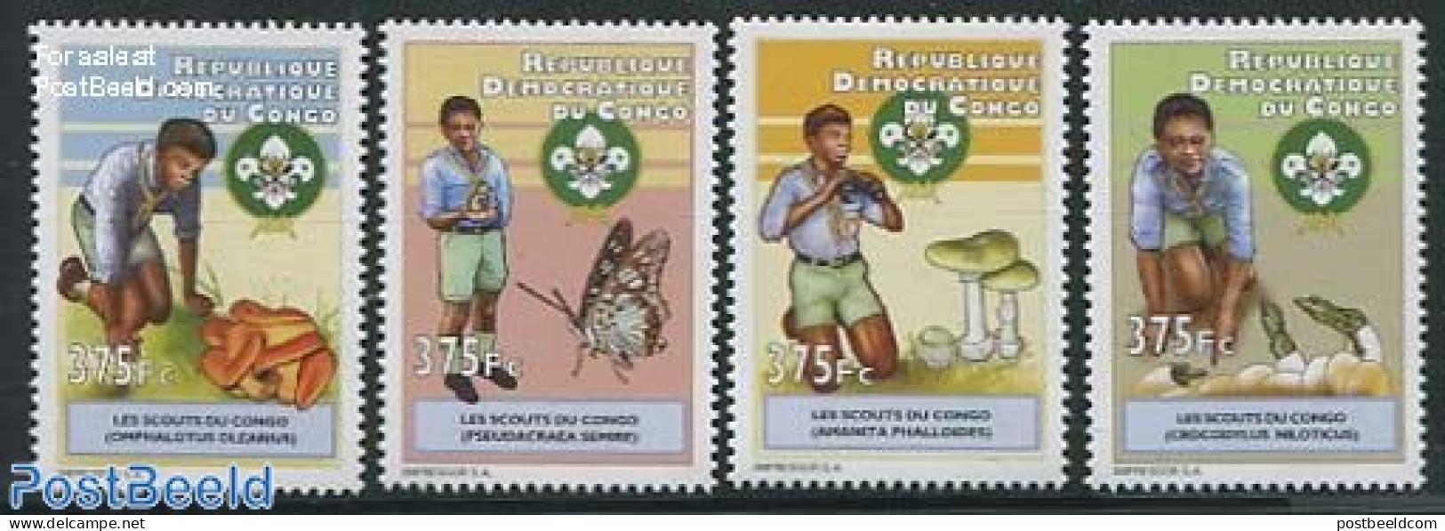 Congo Dem. Republic, (zaire) 2012 Scouting, Flora & Fauna 4v, Mint NH, Nature - Sport - Butterflies - Crocodiles - Mus.. - Mushrooms