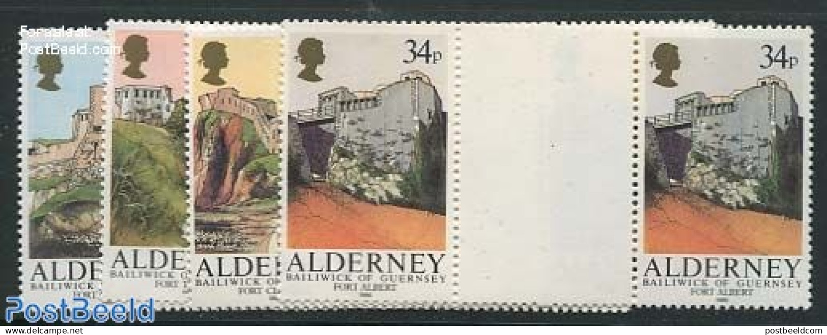 Alderney 1986 Fortifications 4 Gutter Pairs, Mint NH, Art - Castles & Fortifications - Châteaux
