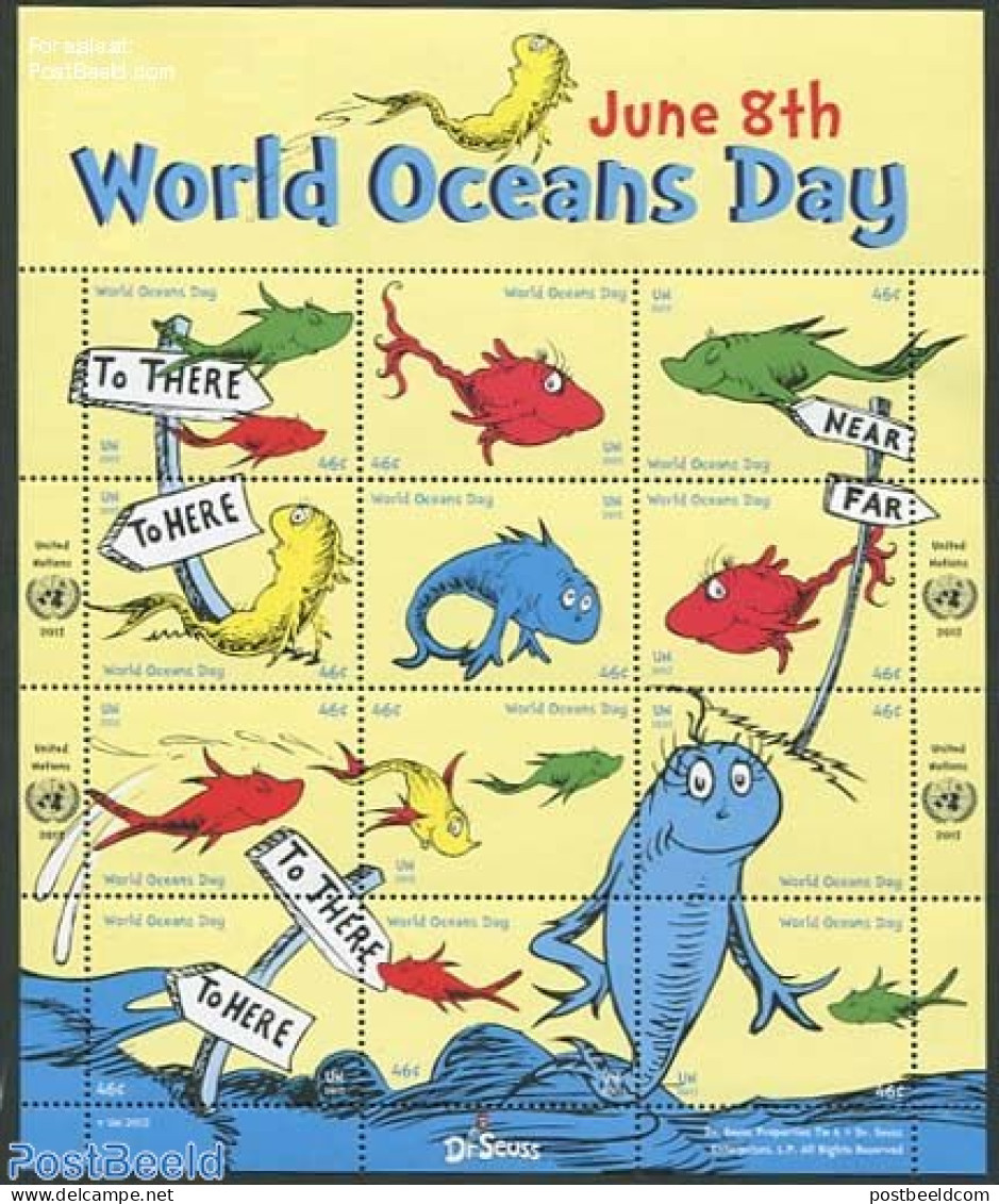 United Nations, New York 2013 World Ocean Day, Dr. Seuss 12v M/s, Mint NH, Nature - Fish - Art - Children's Books Illu.. - Fishes