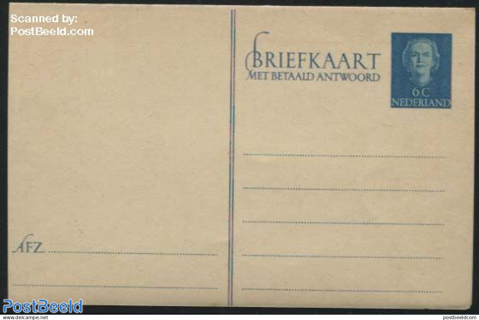 Netherlands 1949 Reply Paid Postcard  6+6c Blue, Unused Postal Stationary - Lettres & Documents