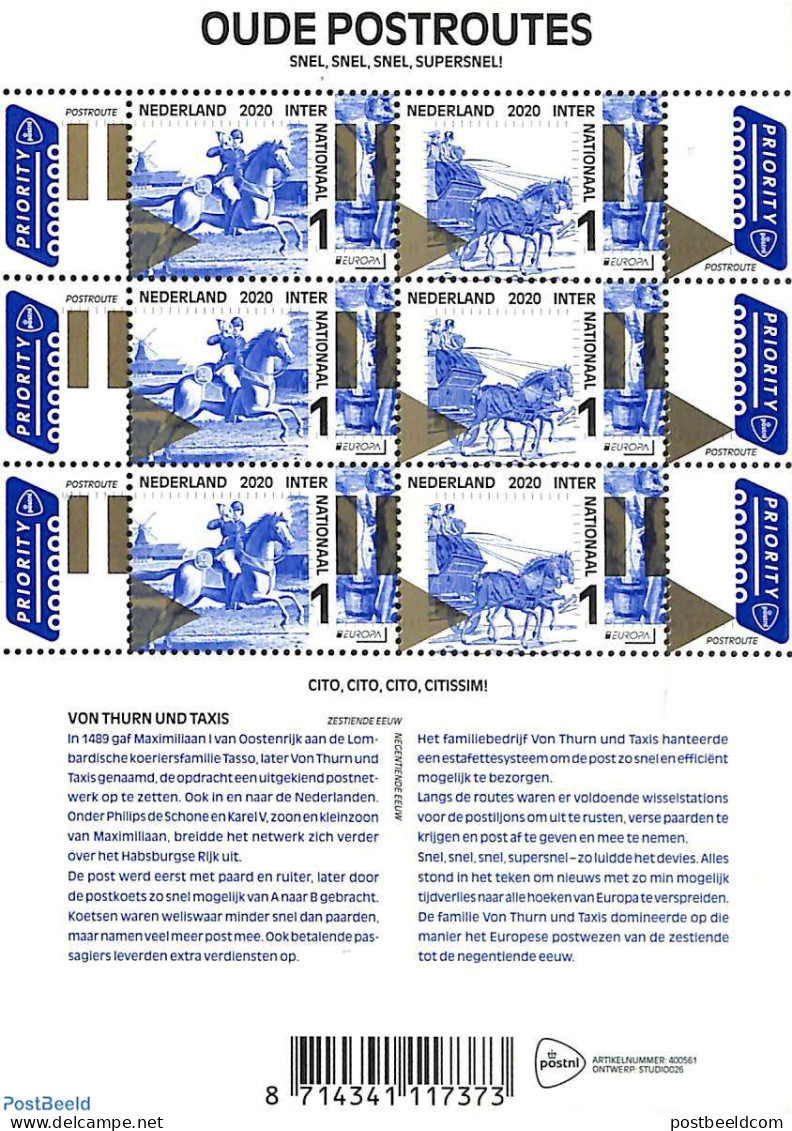 Netherlands 2020 Europa, Old Postal Roads M/s, Mint NH, History - Nature - Various - Europa (cept) - Horses - Post - M.. - Neufs