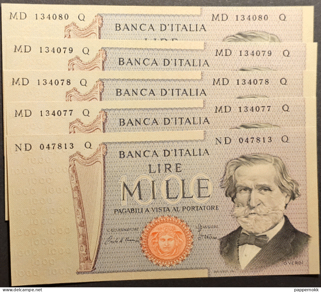 1000 Lire G. Verdi -Ciampi 5 Banconote Serie Q Consecutive  FDS Perfette - 1000 Liras