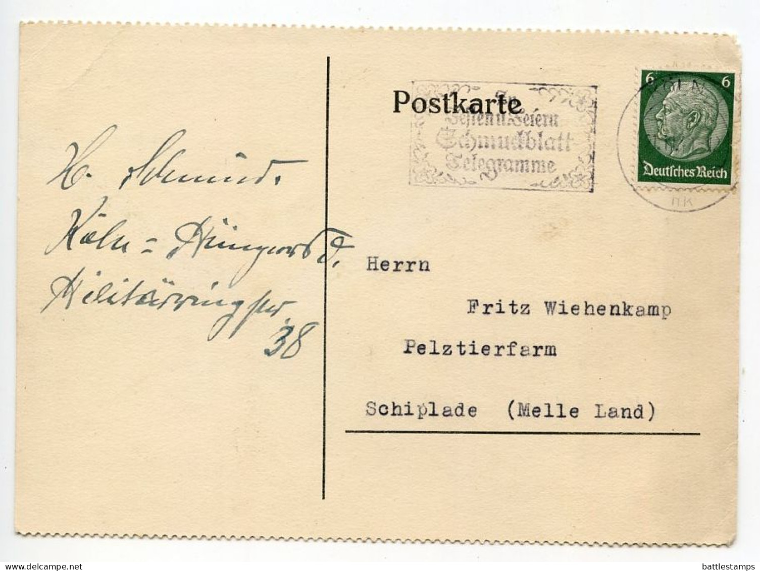 Germany 1941 Postcard; Köln (Cologne) To Schiplage; 6pf. Hindenburg; Telegrams Slogan Cancel - Storia Postale