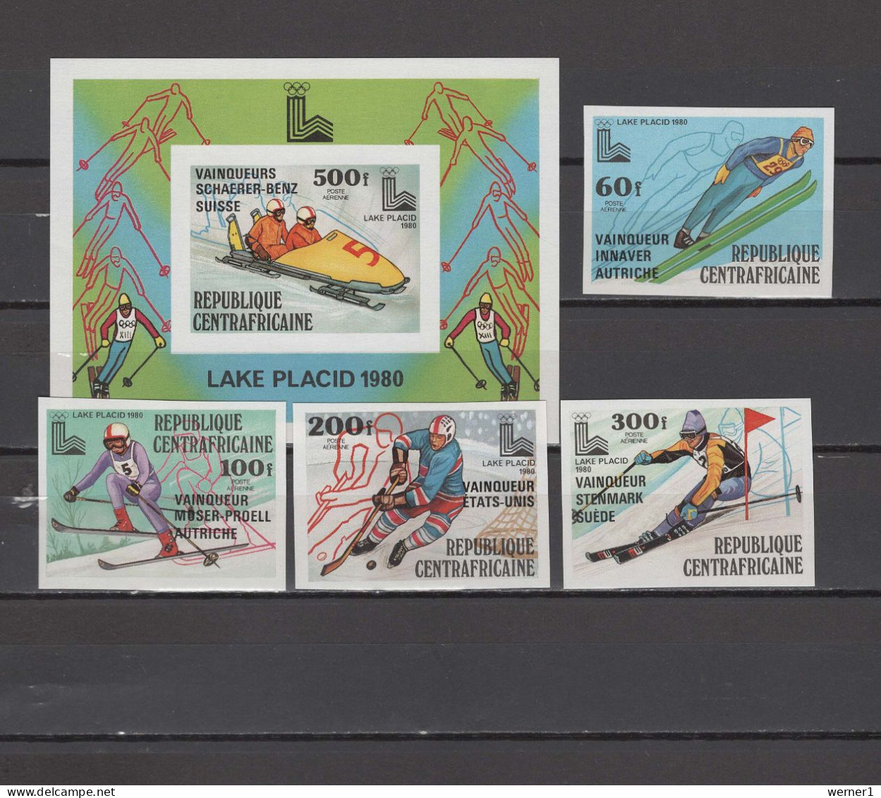 Central Africa 1980 Olympic Games Lake Placid Set Of 4 + S/s With Winners Overprint Imperf.  MNH -scarce- - Winter 1980: Lake Placid